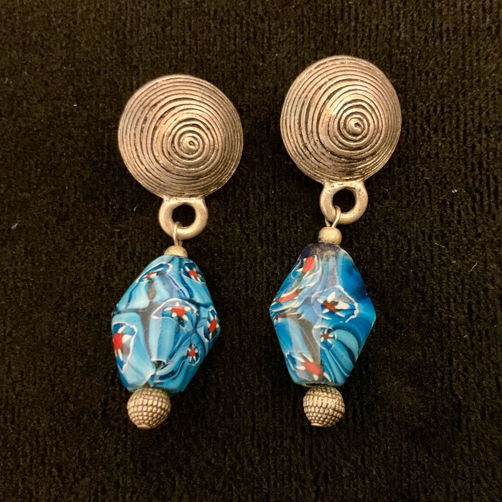 C. Stein Blue Art Glass Dangle Earrings Silver Swirl & Italian Art Glass